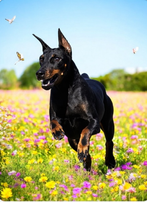 Evie running in flowers